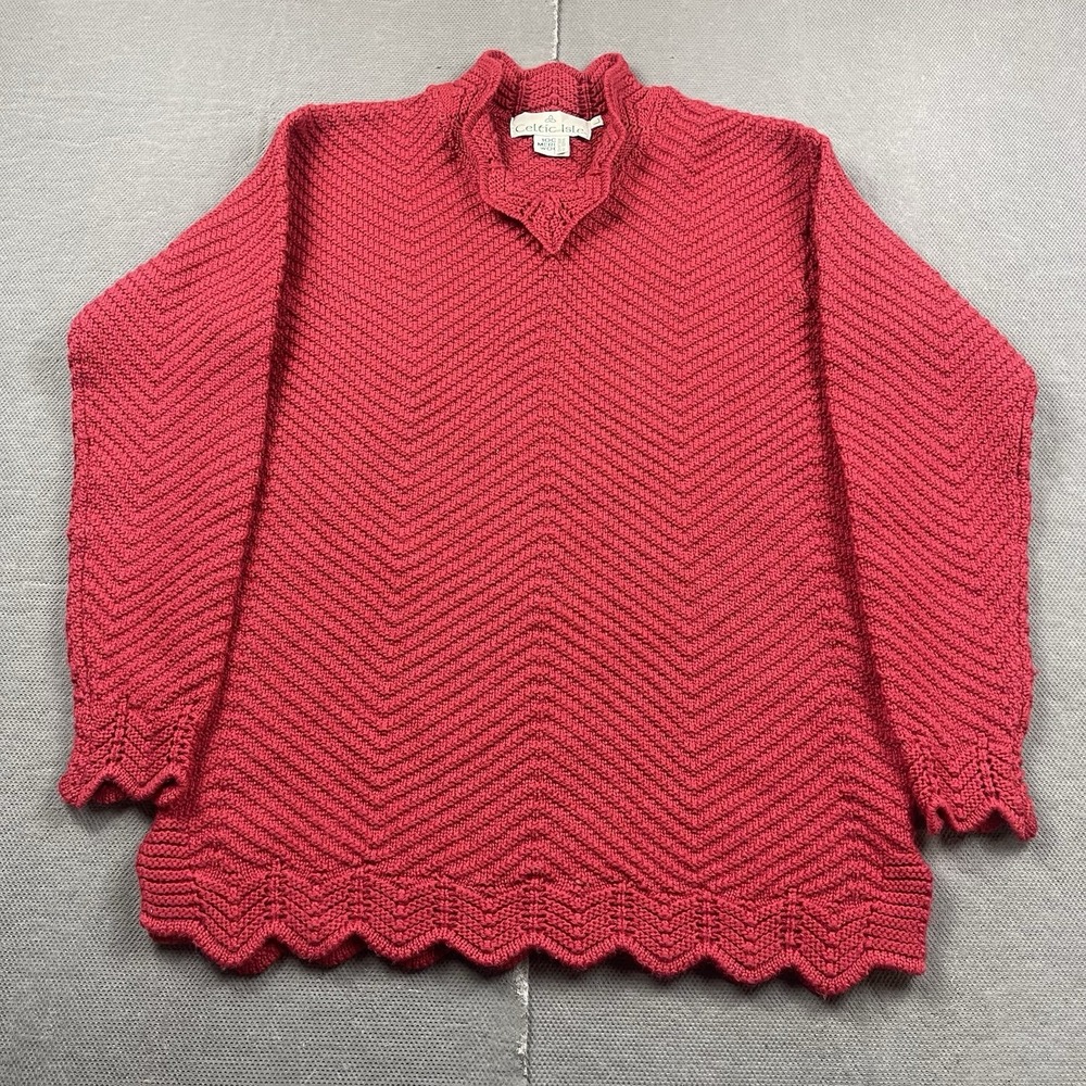 Celtic Isle Sweater Womens Large Merino Wool Red Notched Mock Neck Pullover Knit